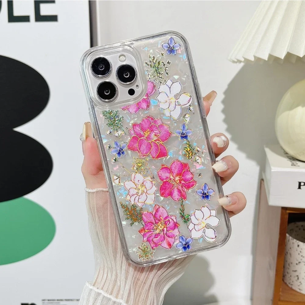 NWT iPhone 13 Pro 6.1”clear Glittering Flowers Plastic Dual-Layer